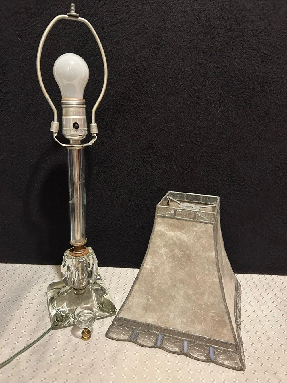 Vintage Glass Base Table Lamp with White Stained-Glass Shade Etched Glass Shaft